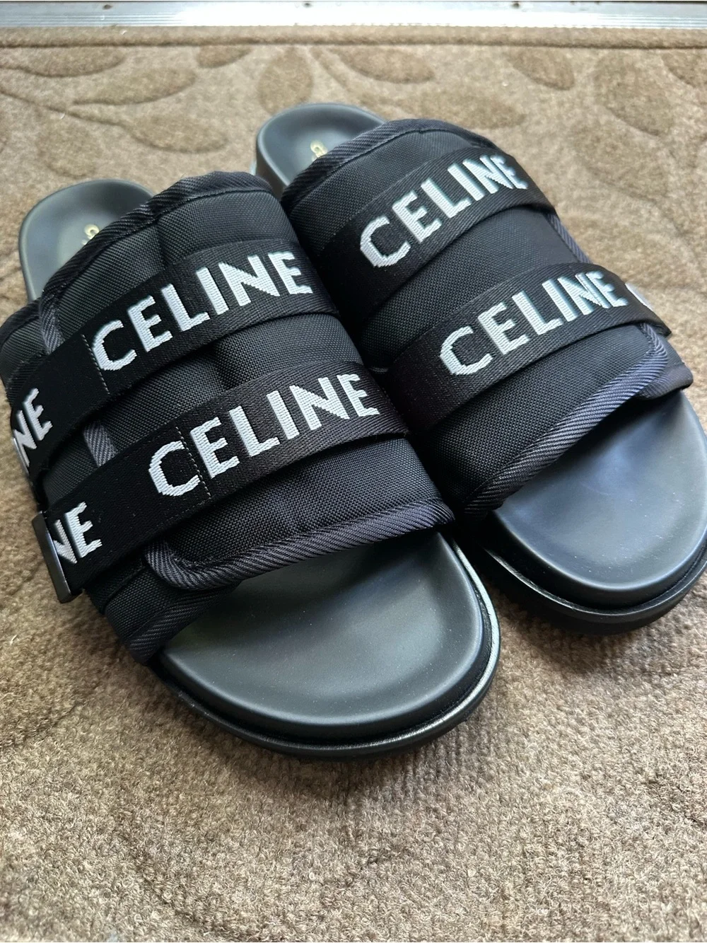 Celine Black Logo-Jacquard Canvas Sandals Men's Slide Sandals 12
